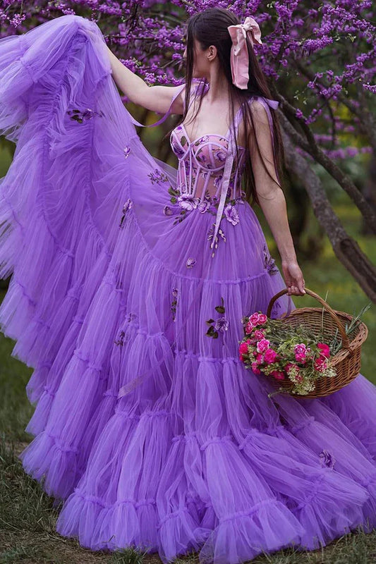 Romantic Floral-Appliqué Ballgown Sweetheart Spaghetti-Strap Detachable-Sleeve Lace-Up-Back Floor-Length Prom Gown