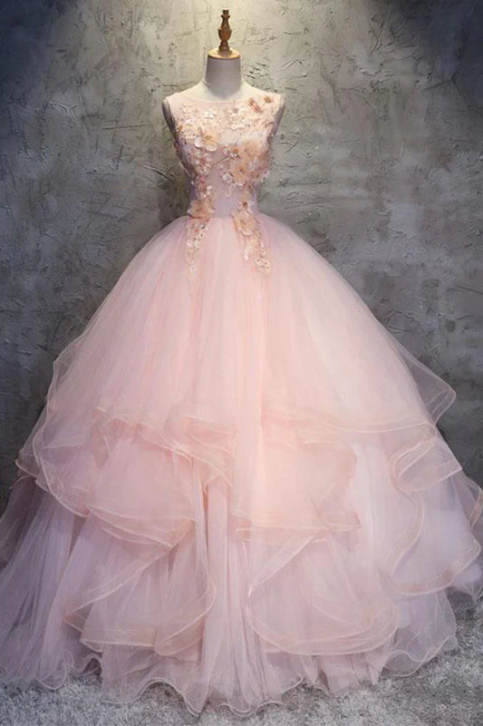 Romantic Floral-Embroidered Ballgown Jewel-Neck Sleeveless Lace-Up-Back Floor-Length Quinceañera Gown