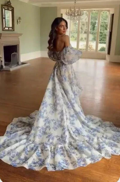 Romantic Floral Chiffon A-Line Off-the-Shoulder Puff-Sleeve Open-Back Floor-Length Prom Gown