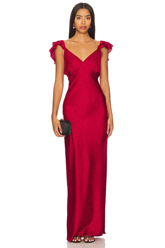 Romantic Form-Fitting V-Neck Ruffle-Sleeve Low-Back Maxi Prom Dress
