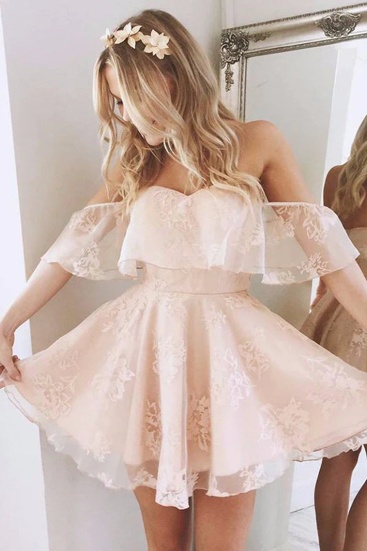 Romantic Lace A-Line Sweetheart Off-the-Shoulder Ruffle-Sleeve Mini-Length Homecoming Dress