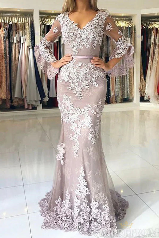 Romantic Lace Mermaid V-Neck Bell-Sleeve Lace-Up-Back Floor-Length Evening Gown