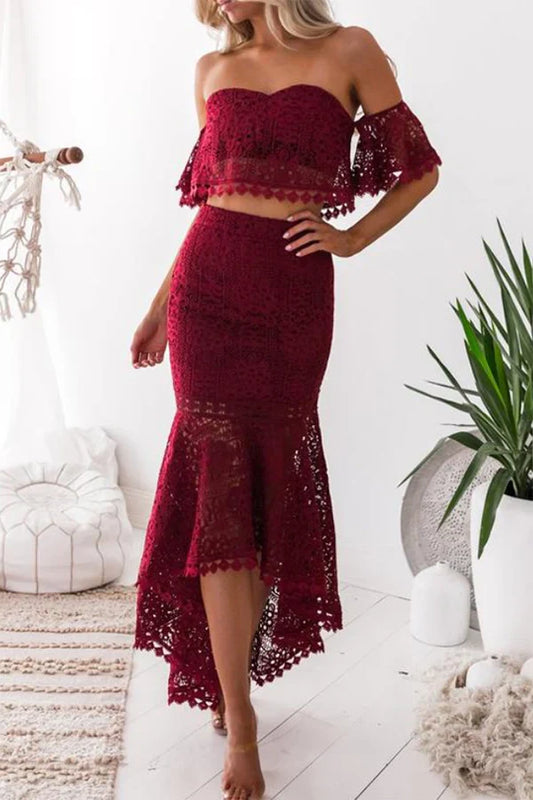 Romantic Lace Two-Piece Mermaid Sweetheart Off-the-Shoulder Ruffle-Sleeve Hi-Lo-Length Cocktail Dress