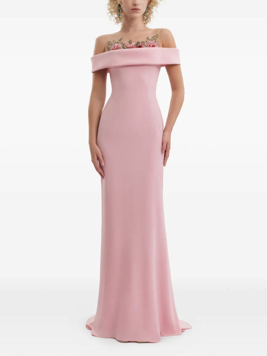 Romantic Mermaid Off-the-Shoulder Floral-Embellished Prom Dress