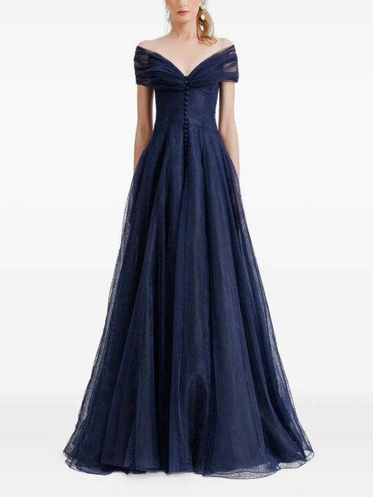 Romantic Navy Blue Off-the-Shoulder Tulle Ballgown Prom Dress