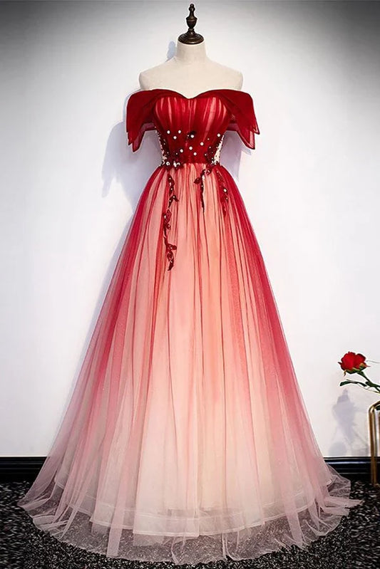 Beading  Romantic Ombre A-Line Off-the-Shoulder Sweetheart Cap-Sleeve Lace-Up-Back Floor-Length Prom Gown