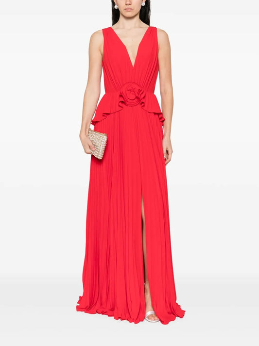 Romantic Red Plunge V-Neck Rosette Pleated Prom Dress
