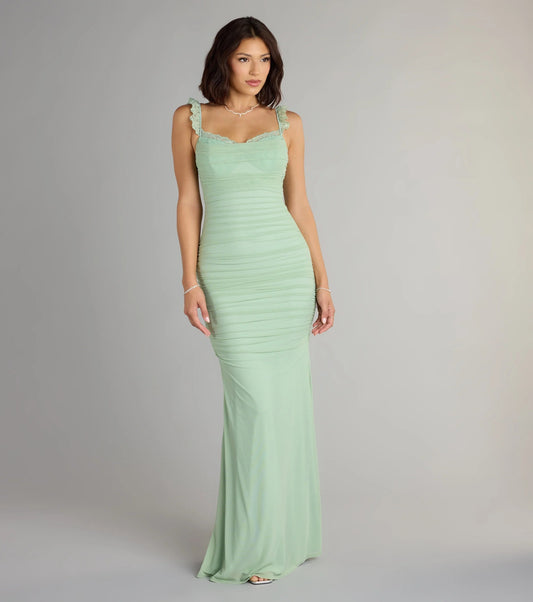 Romantic Sage Green Lace Strap Ruched Mesh Mermaid Prom Dress
