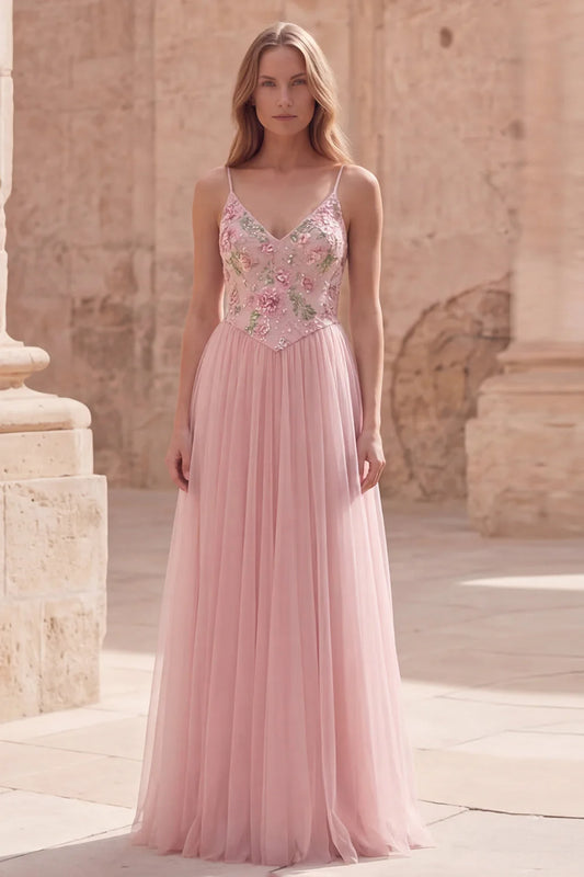 Romantic Spaghetti Strap Blush Pink Floral Embroidered Tulle Gown with V-Back Prom Dress