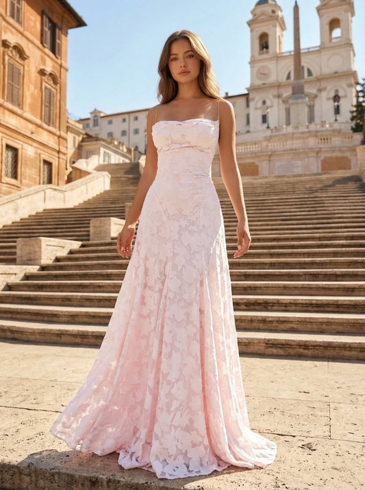 Romantic Spaghetti Strap Lace-Up Back Floral Embroidered Mermaid Maxi Prom Dress with Trailing Train