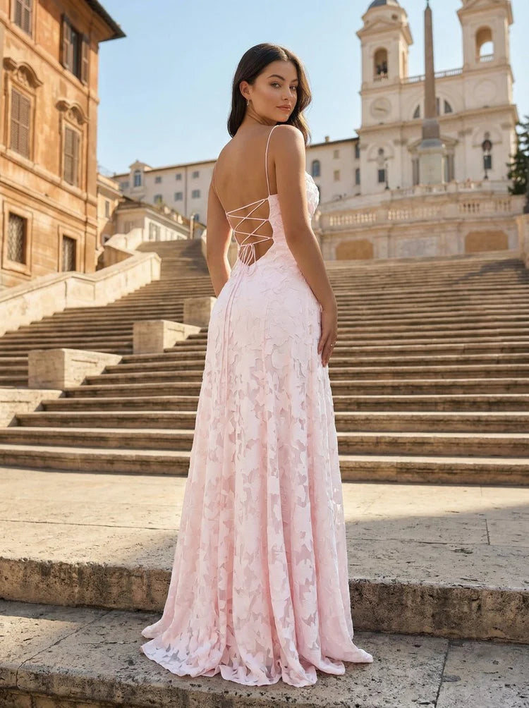 Romantic Spaghetti Strap Lace-Up Back Floral Embroidered Mermaid Maxi Prom Dress with Trailing Train
