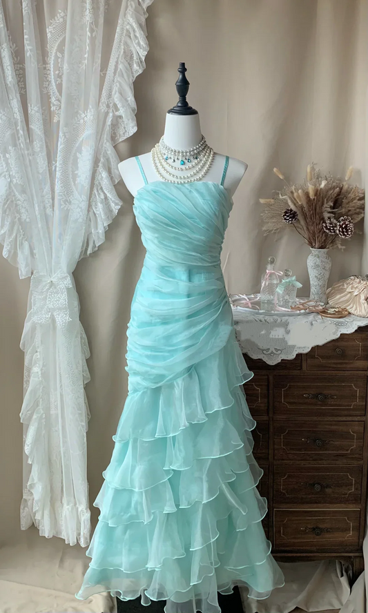 Romantic Spaghetti Strap Ruched Bodice Tiered Ruffled Organza Mermaid Prom Dress with Sweep Train