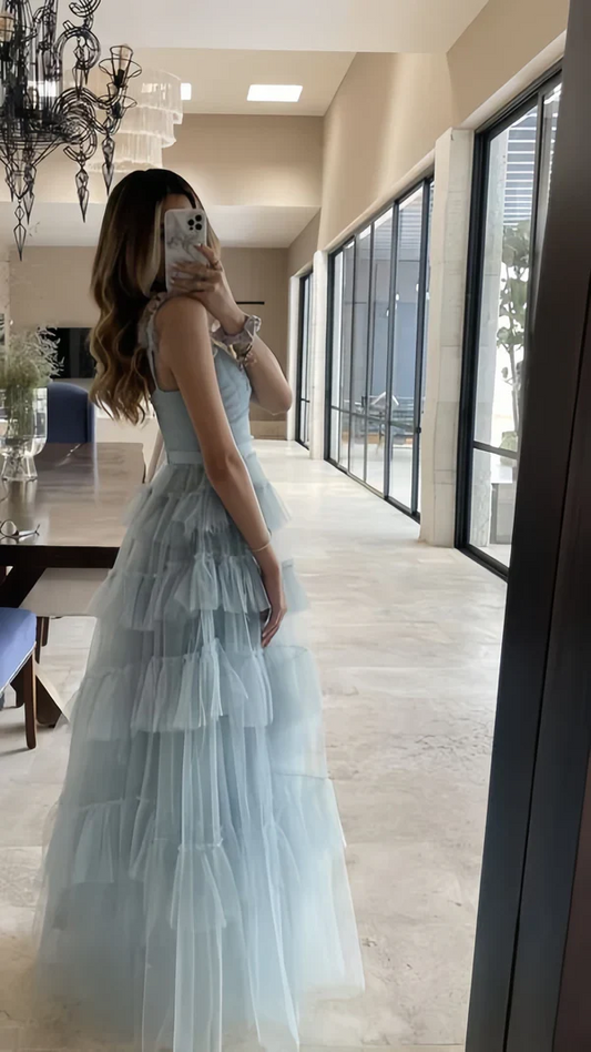 Romantic Spaghetti Strap V-Neck Ruffle Trim Tiered Tulle Maxi Prom Dress with Layered Skirt
