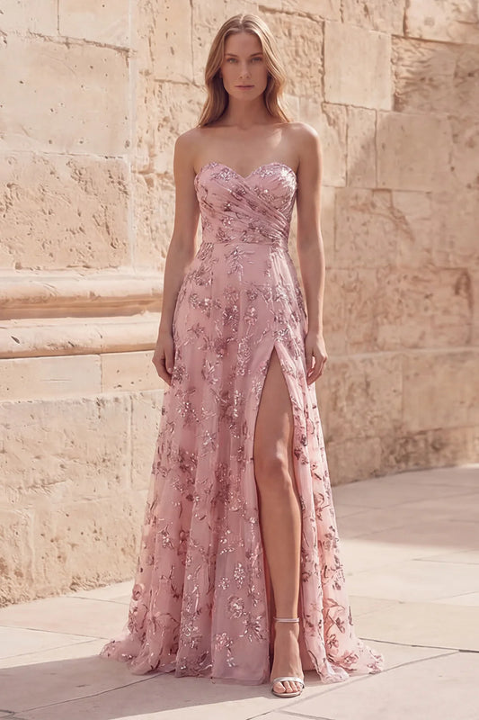 Romantic Strapless Blush Pink Floral Sequin Embellished Tulle Gown with Side Slit Prom Dress