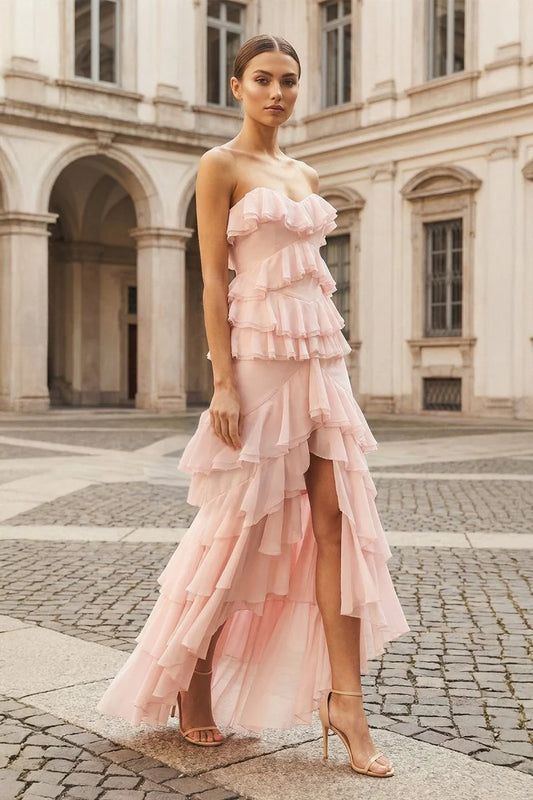 Romantic Strapless Ruffle Tiered Chiffon Mermaid Maxi Prom Dress with High Side Slit and Asymmetrical Trailing Hem