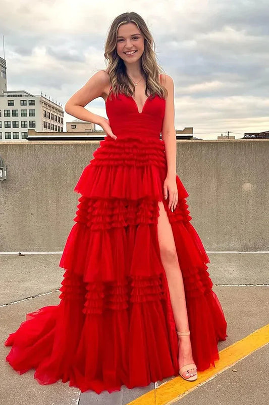 Romantic Tiered-Ruffle Ballgown Plunging V-neck Spaghetti-strap Open-back Floor-length Prom Dress for Women