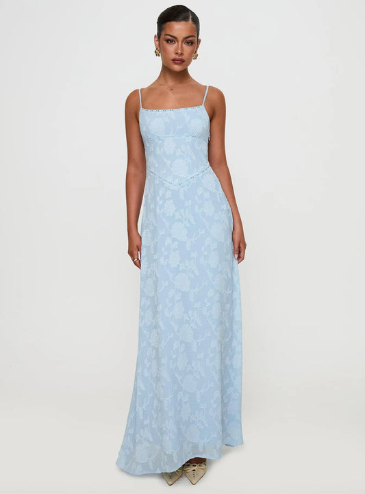 Romantic light Blue A-Line Square Neck Spaghetti Strap Lace Up Back Floor Length Prom Dresses