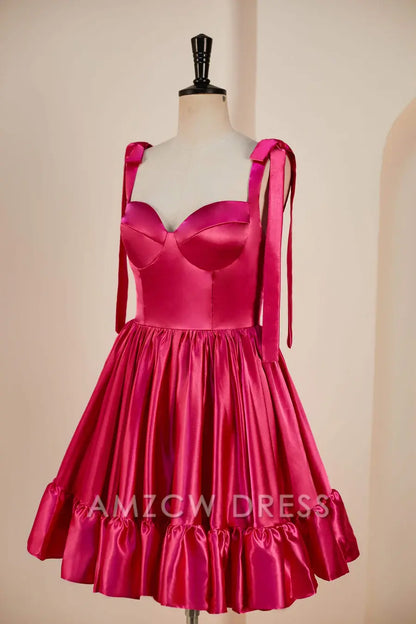 Amzcw Elegant Rose Pink A-line Bow Tie Straps Ruffled Satin Homecoming Dress formal wear dresses