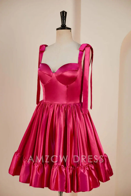 Amzcw Elegant Rose Pink A-line Bow Tie Straps Ruffled Satin Homecoming Dress formal wear dresses