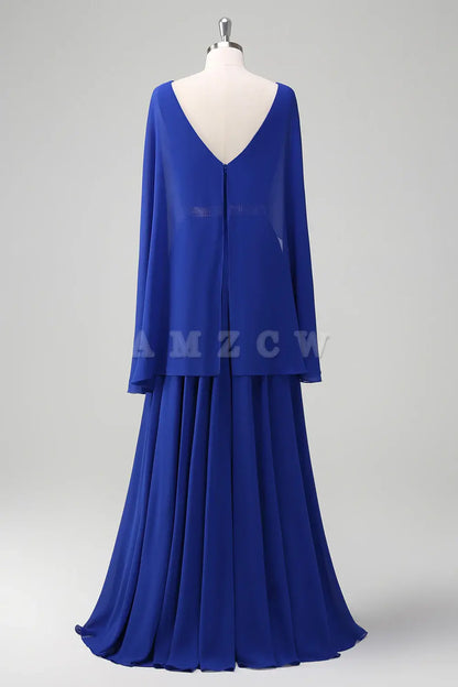 Amzcw Royal Blue A Line V-neck Chiffon Long Mother Dress with Belt gowns evening dresses