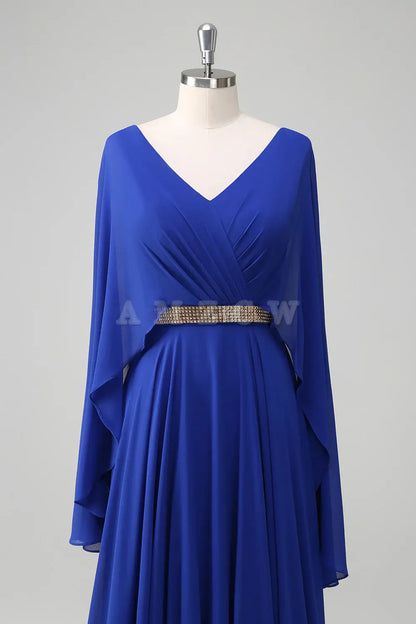 Amzcw Royal Blue A Line V-neck Chiffon Long Mother Dress with Belt gowns evening dresses