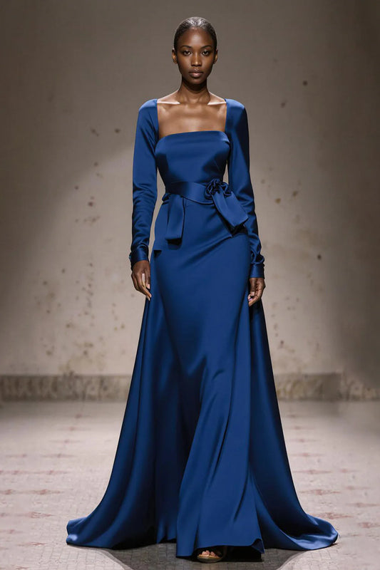Royal Blue Long Sleeve Prom Dress With Satin Waist Bow And A Line Silhouette For Formal Evening Party