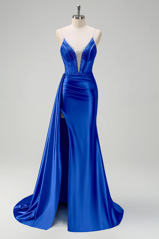 Royal Blue Satin Sheer Beaded Corset Spaghetti Strap Mermaid Prom Dress with Slit and Train