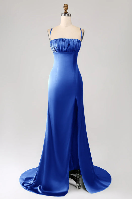 Royal Blue Satin Spaghetti Strap Square Neck Mermaid Prom Dress with High Slit