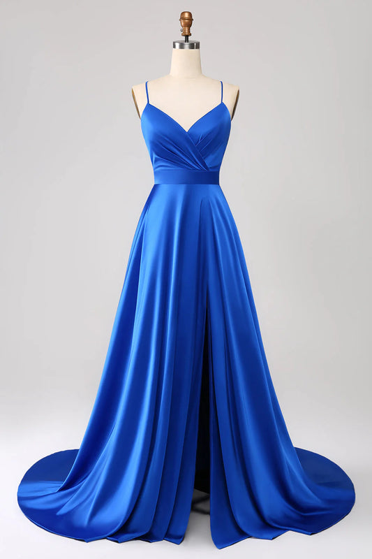 Royal Blue Satin Spaghetti Strap V-Neck A-Line Prom Dress with High Slit and Train