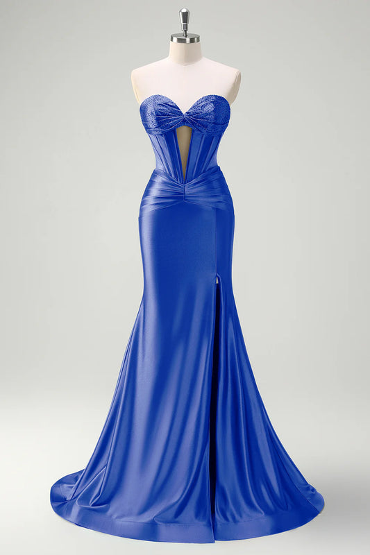 Royal Blue Satin Strapless Beaded Bust Lace-Up Back Mermaid Prom Dress with Slit