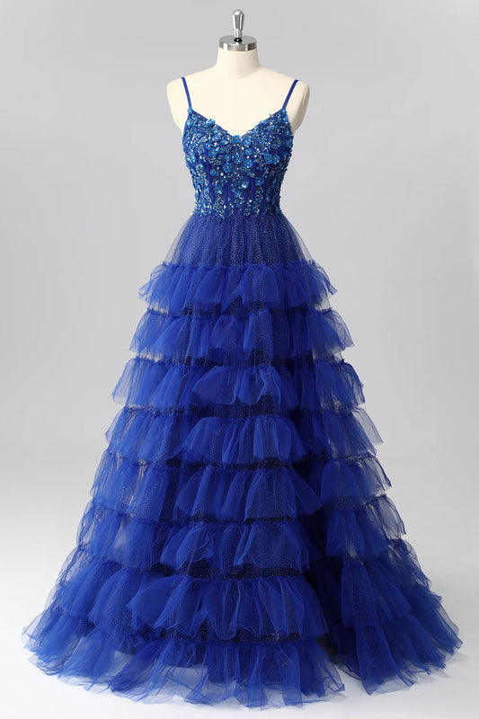 Royal Blue Spaghetti Strap Prom Dress with Sequin Floral Corset Bodice, Tiered Glitter Tulle Skirt and Lace-Up Back