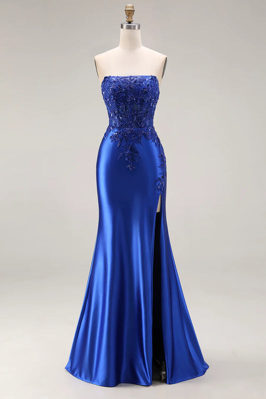 Royal Blue Strapless Beaded Lace-Up Mermaid Prom Dress with High Slit