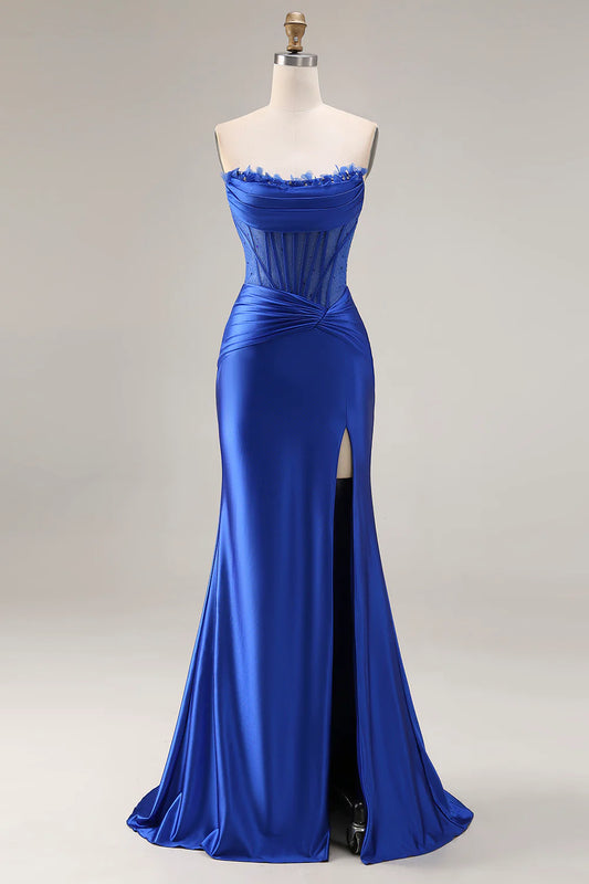 Royal Blue Strapless Corset High Slit Satin Prom Dress with 3D Floral Applique