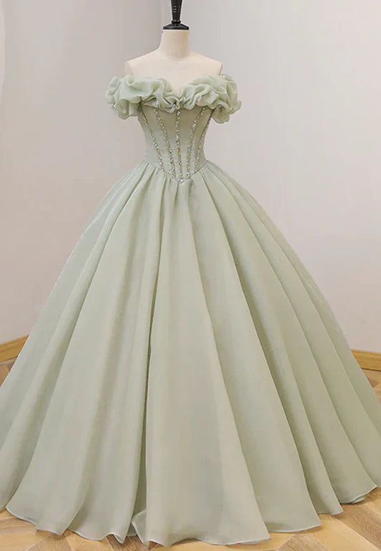 Ruffled Off-Shoulder Beaded Lace Ballgown Prom Dress