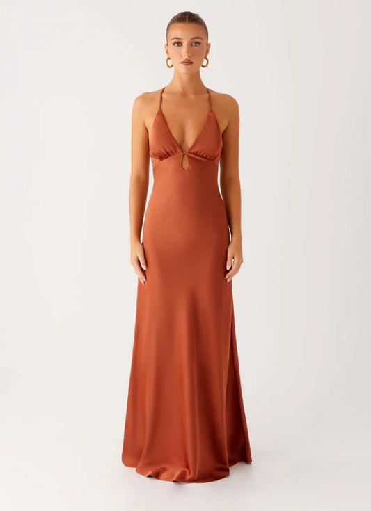 Rust Orange Satin Strapless Maxi Prom Dress with Cross Back and Keyhole