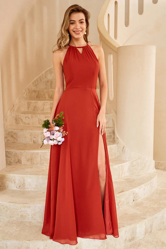 Rust Red Halter Neck Chiffon Bridesmaid Dress with Keyhole Front, Tie-Back and High Slit