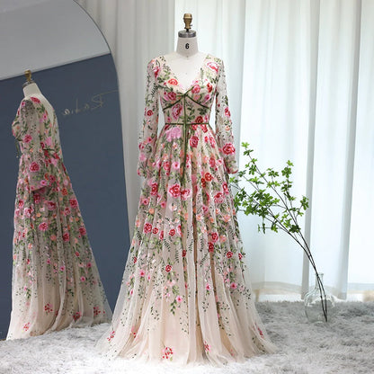 Vestidos de fiesta de corte A con apliques de tul y escote en V con mangas largas 