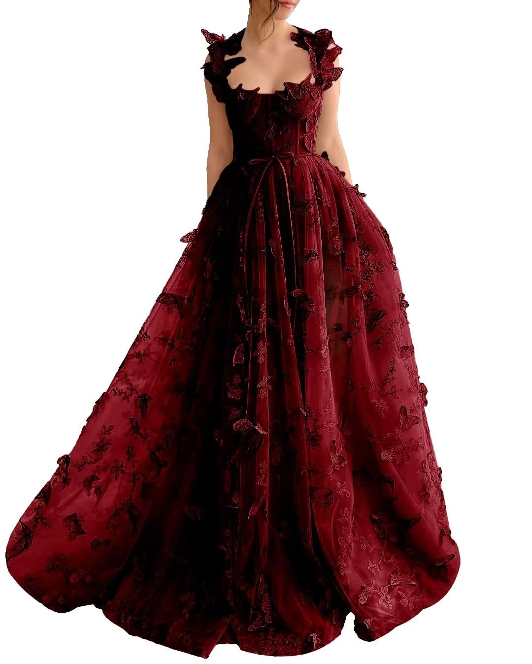 Vestido de fiesta elegante de corte A, formal, con cola larga y sin mangas, escote cuadrado, tul con pliegues, aberturas, apliques y mariposas 3D.