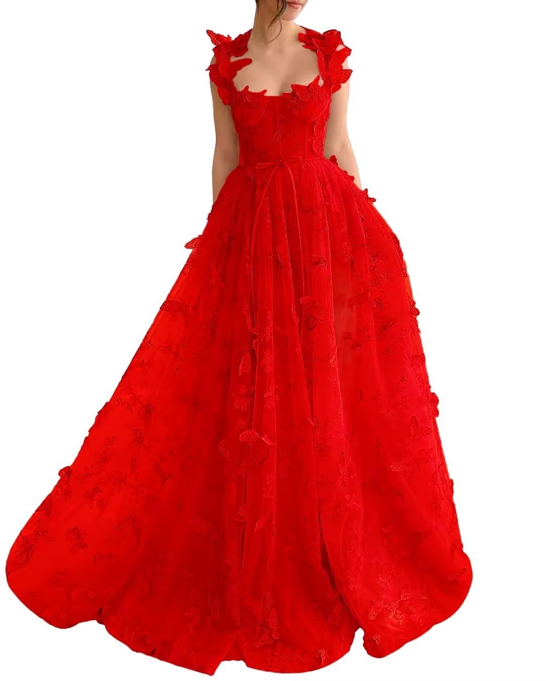 Vestido de fiesta elegante de corte A, formal, con cola larga y sin mangas, escote cuadrado, tul con pliegues, aberturas, apliques y mariposas 3D.