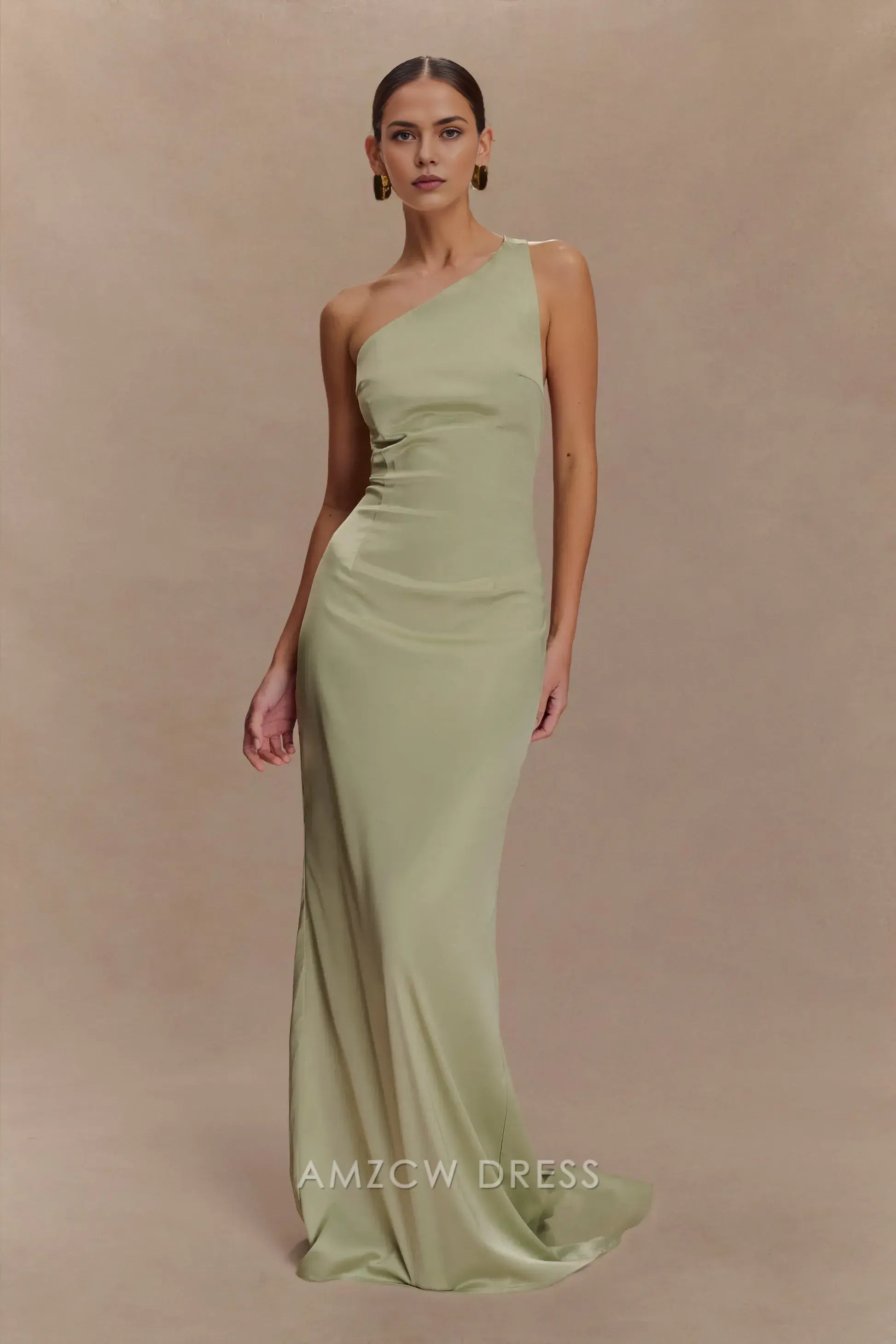 Sage Green Satin One - Shoulder Maxi Dress with Open Back