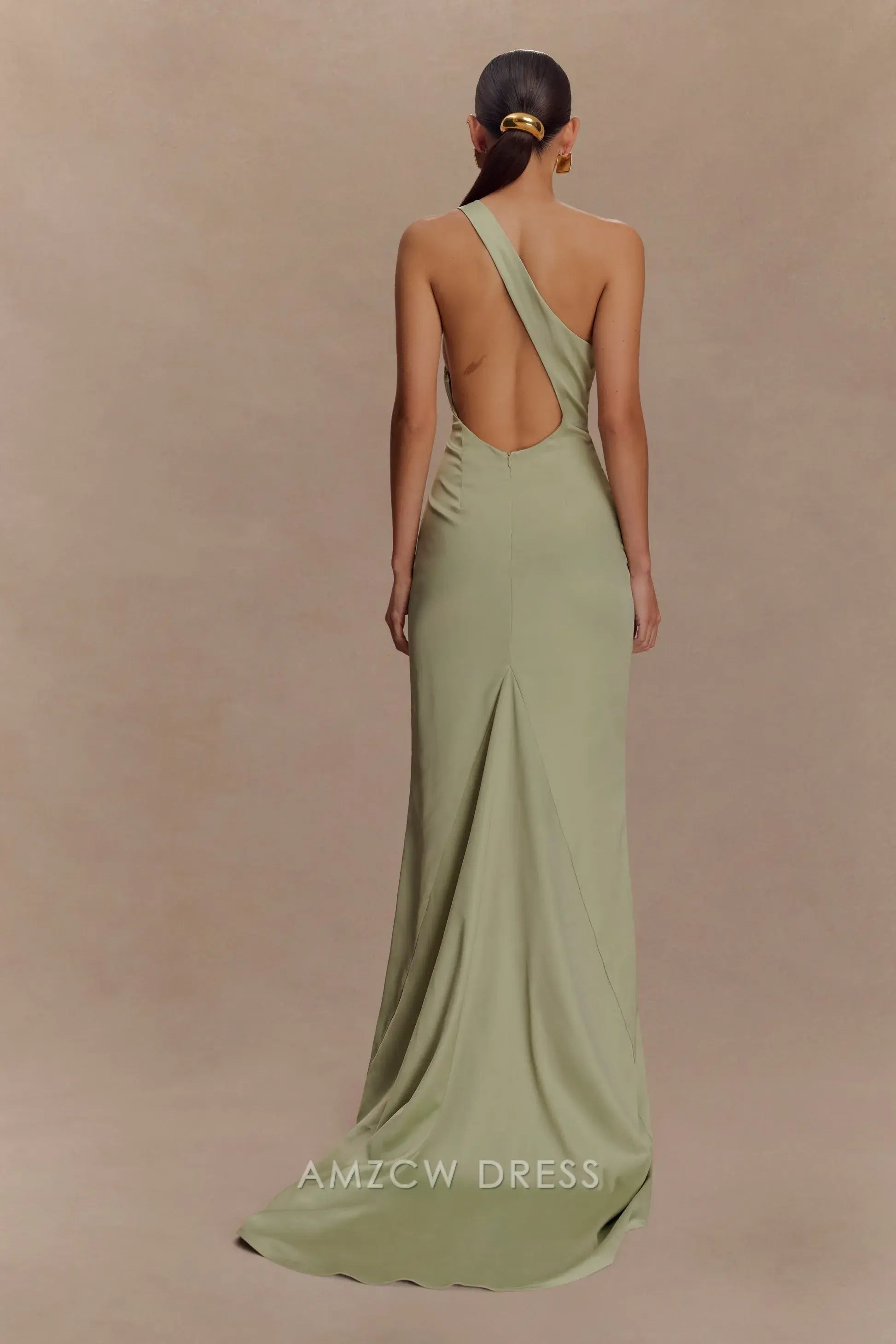 Sage Green Satin One - Shoulder Maxi Dress with Open Back | Elegant Prom Dress Amzcw Dress Sage Green Satin One - Shoulder Maxi Dress with Open Back | Elegant Prom Dress Amzcw Dress