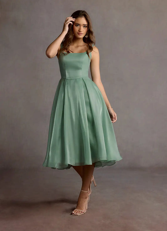 Sage Green A Line Prom Dress with Square Neckline and Midi Skirt for Formal Events and Evening Occasions