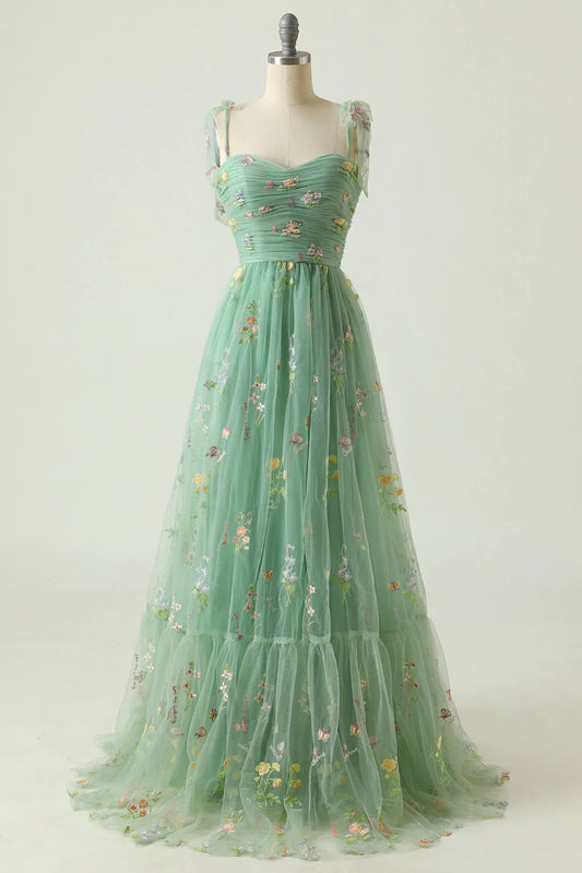 Sage Green Floral Embroidered Tulle Tie-Strap Sweetheart A-Line Prom Dress