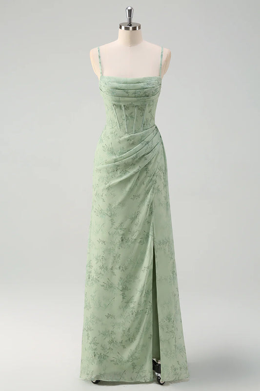 Sage Green Floral Print Spaghetti Strap Ruched Side Slit Maxi Prom Dress