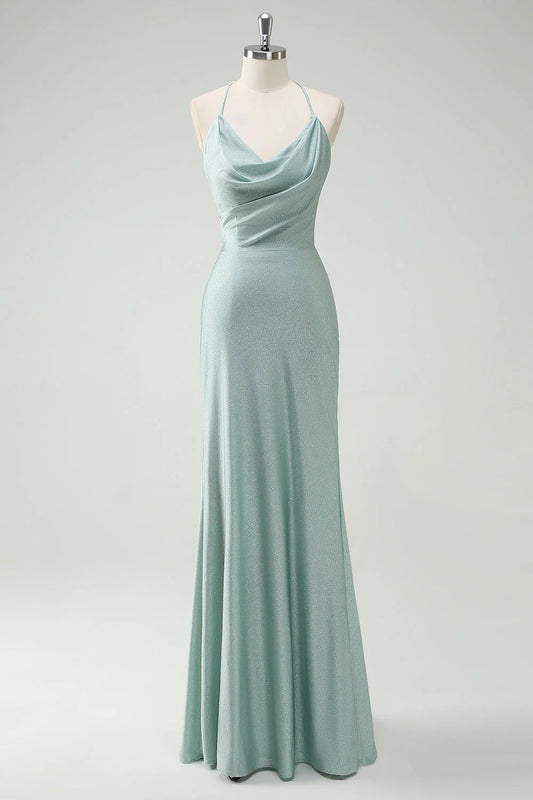Sage Green Glitter Satin Halter Cowl Neck Lace-Up Back Mermaid Prom Dress