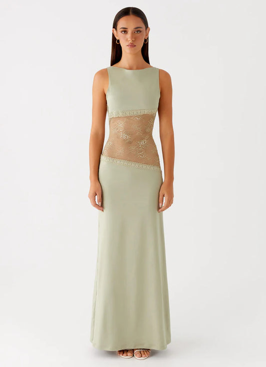 Sage Green Lace Insert Sleeveless Backless Maxi Prom Dress Formal Evening Gown