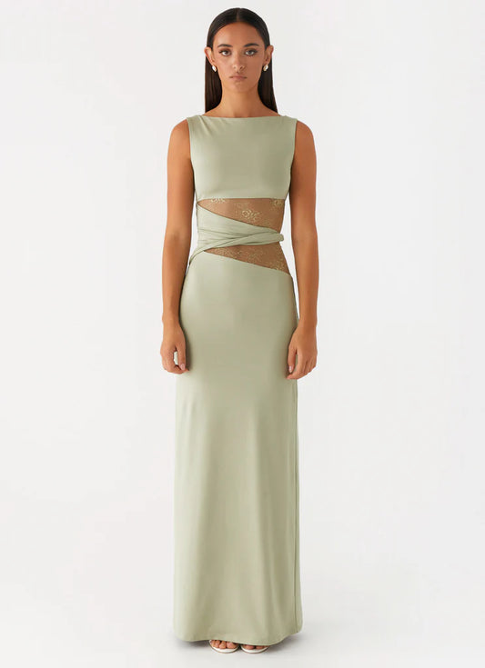 Sage Green Lace Insert Twisted Waist Sleeveless Backless Maxi Prom Dress Formal Evening Gown
