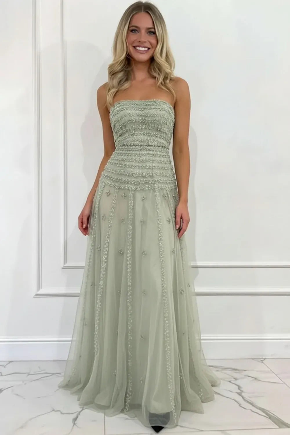 Sage Green Maxi Evening Dresses with Strapless Smocked Bodice Beaded Tiered Tulle Skirt and A-line Silhouette