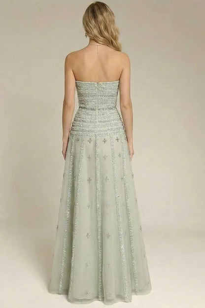 Sage Green Maxi Evening Dresses with Strapless Smocked Bodice Beaded Tiered Tulle Skirt and A-line Silhouette