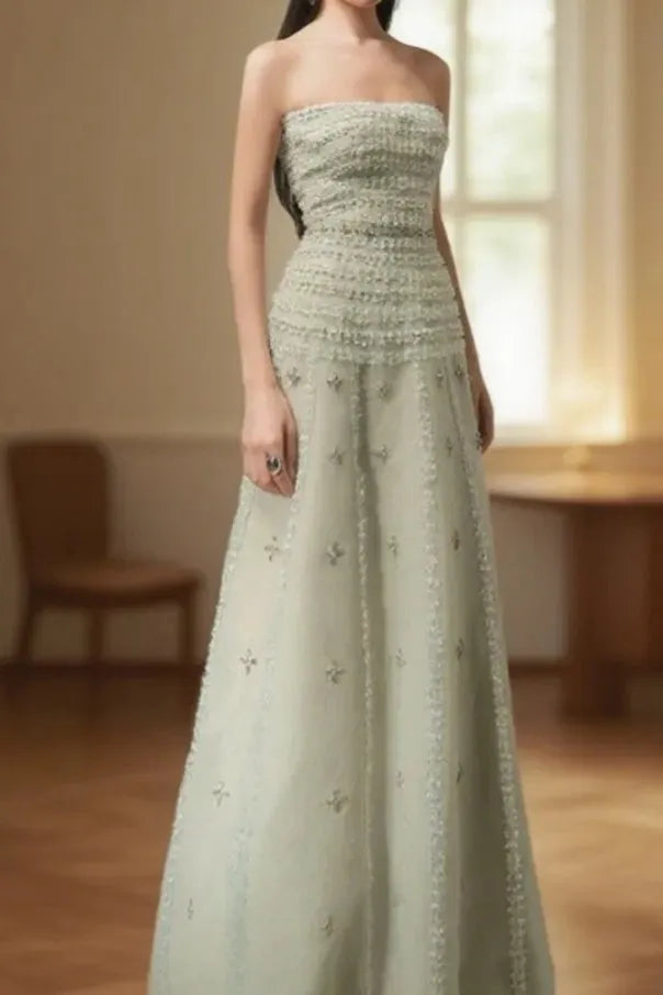 Sage Green Maxi Evening Dresses with Strapless Smocked Bodice Beaded Tiered Tulle Skirt and A-line Silhouette